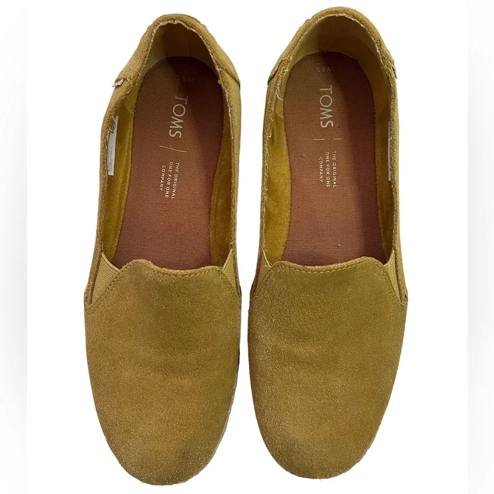 Toms Palma Espadrille Size 8.5 Slip On Platform Suede Amber Gold